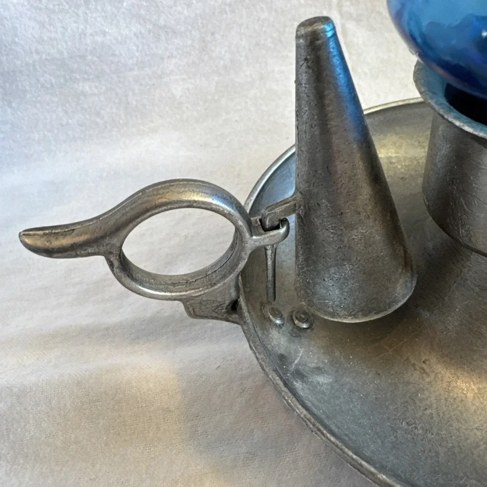 Vintage Pair Pewter Chamberstick Candle Holders Finger Loops Sniffers Blue Glass